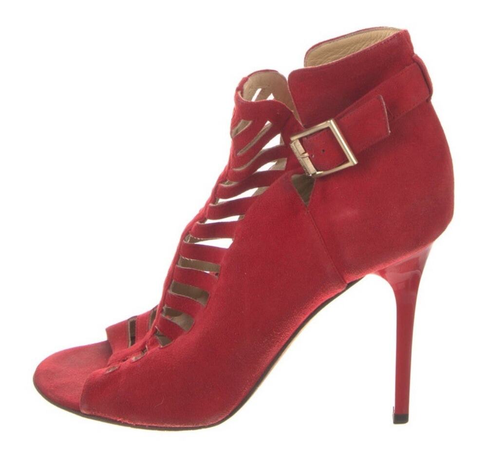 JIMMY CHOO Laser Cut Peep-toe Heels Red Suede Stiletto Bootie US 9-9.5 EU 39.5